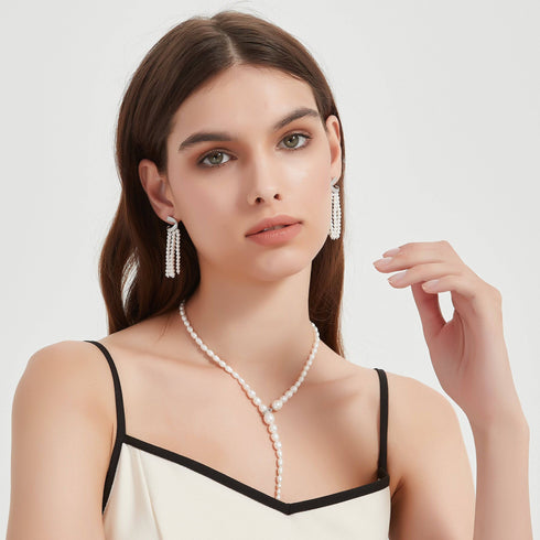 Curved Cubic Zirconia & Multi-Chain Pearl Earrings - House Of Pearls